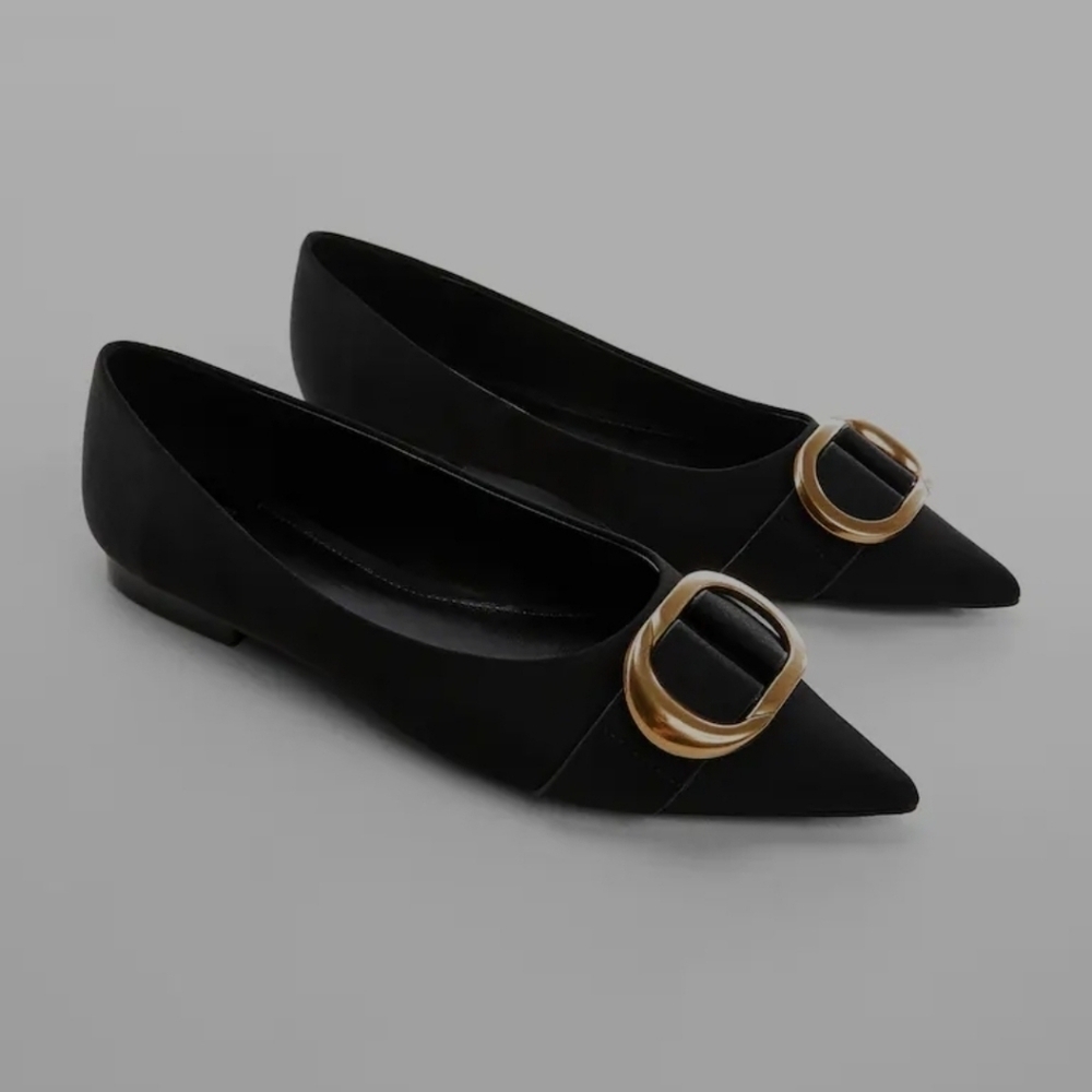 🪅 MANGO pointed toe flat shoes gold  accent women size 38